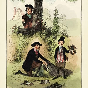 Landowner discovering poachers netting partriduges on his land, 19th century