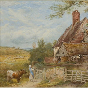 Landscape with Cottage, Girl and Cow (bodycolour & pencil on paper, pasted on card)