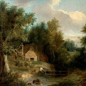 Landscape, Cottage and a Stream with a Figure and a House (oil on canvas)