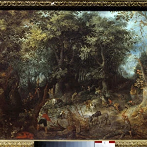 Landscape in the forest, the woodcows Painting by Jan Bruegel