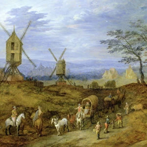 Landscape with Travellers near Windmills (oil on canvas)
