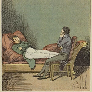 Las Cases regarde dormir Napoleon (colour litho)