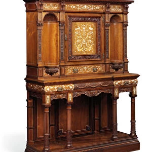 A Late Victorian ivory-inlaid, rosewood, and marquetry cabinet-on-stand by Gillow & Co. Lancaster, possibly designed by Stephen Webb, c. 1900 (rosewood)