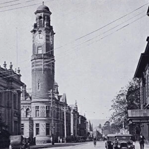 Launceston: Cameron Street, Town Hall and Post Office on left, Public Library and Municipal Substation on right (b / w photo)