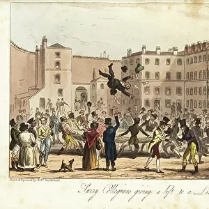 A lawyer being tossed in a blanket by his colleagues in the yard at King's Bench Prison. Debtors and creditors inside a debtor's prison. Surry Collegians giving a lift to a Limb of the Law