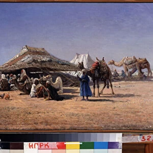 Le Caire (Egypte) (Cairo). Scene de campement d une caravane dans le desert, la ville en arriere plan. Peinture de Nikolai Yegorovich Makovsky (1842-1886), huile sur toile, 1876. Art russe 19e siecle