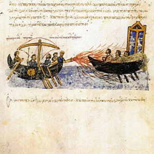 "Le feu gregeois"(Greek fire) La flotte byzantine utilise le feu gregeois contre une armee rebelle - Miniature tiree de "Synopsis historiarum"ou "Chroniques byzantines"