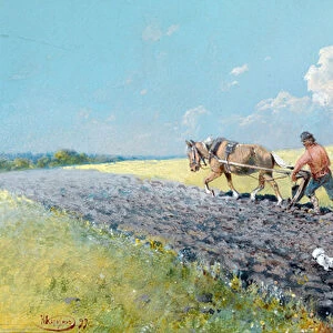 "le labour"Paysan labourant son champs, Russie Peinture de Nikolai Nikolayevich Karasin (1842-1908) 1899 Dim 16, 5x27, 5 cm Collection privee