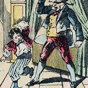 Le Pere Fouettard legendary character of folklore, punishing unwise children with his whip, and enclosing desobedient children, image of Epinal, 19th century (engraving)