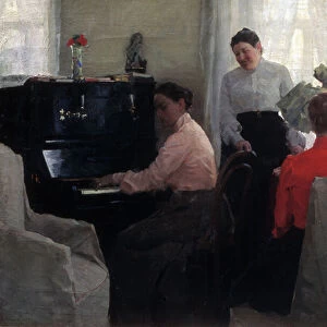 Le pretendant (un jeune homme fait sa cour sous la surveillance de deux femmes chaperons, dont une joue du piano) (Groom ) - Peinture de Lukian Vasilyevich Popov (1873-1914), huile sur toile (54x80 cm), 1904 - Regional Art Museum, Orenburg (Russia)