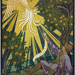 Le prince attrape une plume de l oiseau de feu. Illustration pour le conte "Ivan Tsarevitch, l oiseau de feu et le loup gris". Oeuvre de Ivan Yakovlevich Bilibin (Bilibine) (1876-1942), aquarelle et gouache sur papier