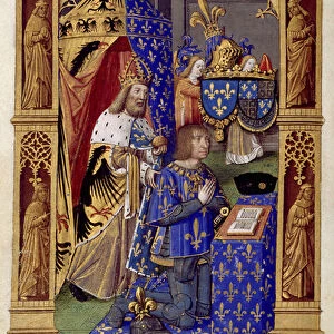 Le roi de France Louis XII (1462-1515) en priere avec Charlemagne derriere lui - Miniature de Antoine Verard (1485-1512) In "Le livre d heures de Charles VIII", 1494-1496 Biblioteca Nacional, Madrid