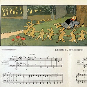 Le sommeil du chasseur (rabbits rounding around a sleepy hunter) - in "Les images en musique"by Jane Vieu, illustrated by Benjamin Rabier (1864-1939)