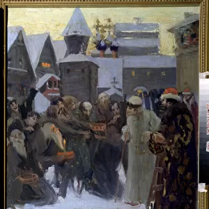 Le tsar Ivan IV (dit Le terrible, 1530-1584) marchant autour de Moscou (Tsar Ivan IV Walking around Moscow). L empereur de Russie, entoure de gardes du regiment Streltsy, a la rencontre des mendiants qui tendent leur sebile vers le souverain
