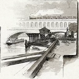 Le viaduct du point du Jour, Boulogne-Billancourt (View of the viaduct bridge of Point du jour district, Boulogne Billancourt) Drawing by Gustave Fraipont (1849-1923) from Saint-Juirs, 1890 Collection privee