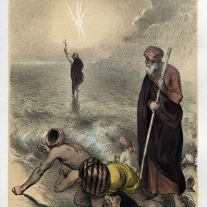 Legend of St Thomas: The apostle Saint Thomas appears before the Indians of Meliapour (= Mylapore) by fleeing the 3 gods of the Hindu Triad. Engraving from 1845 in "