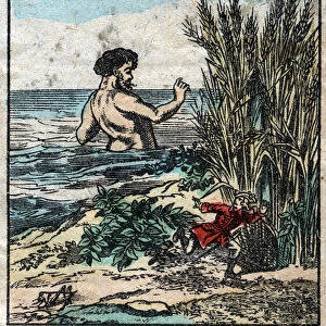 Lemuel Gulliver hides from a giant in Brobdingnag. Illustration for "