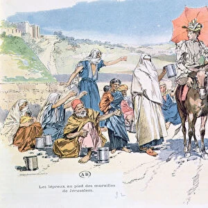 Lepers outside the walls of Jerusalem, 1892 (colour litho)