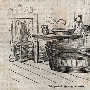 Les gestes du bain - Hygiene au 19th century - bath in a bowl - engraving in "