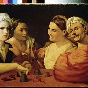 "les illusionistes"(The conjurers) Un couple de charlatans, trompant leurs victimes au tour des cubes magiques. Peinture de Giovanni Luteri dit Dosso Dossi (vers 1486-1542) 16eme siecle Musee Pouchkine, Moscou