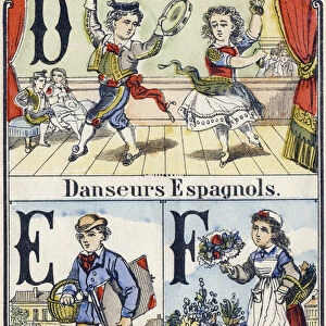 Letter D, E and F: Spanish dancers, schoolboy and florist. Recreative alphabet