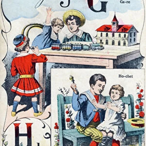 Letter G H: station and rattle. Engraving in "ABC des joux pour petits boys"
