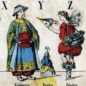 Letters X Y Z: Xingovin, Yanke and Zephir. Engraving in "Alphabet masquerade"