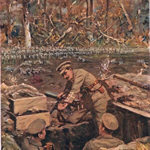 Lieutenant Dimmer repairing a machine-gun while exposed to the fire of the advancing Prussian Guard, illustration from Deeds that Thrill the Empire, published by Hutchinson & Co. c. 1920 (colour litho)