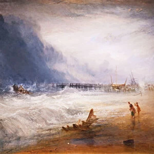 Life boat and manby apparatus going off to a stranded vessel, 19th century (oil on canvas)