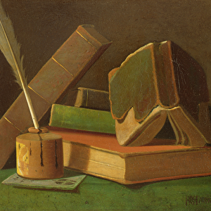 Still life with books and ink well (oil on canvas)