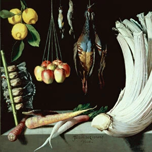 Still life with dead birds, fruit and vegetables, 1602 (oil on canvas)