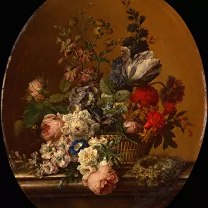 Still Life of Flowers in a Basket with a Dunnocks Nest on a Stone Ledge (oil on canvas)