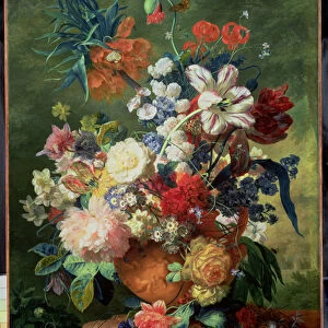 Still Life of Flowers and a Birds Nest on a Pedestal (oil on panel)