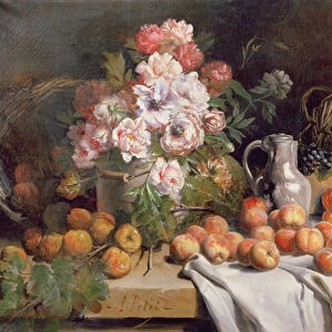 Still life with flowers and fruit on a table