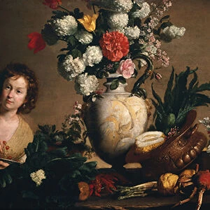 A Still Life of Flowers, Fruit, Vegetables and Seafood on a Ledge with a Figure holding a