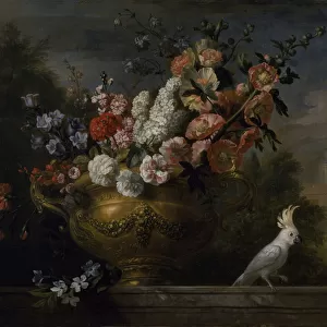 Still life with flowers in an urn, with a cockatoo, on a ledge, c. 1699 (oil on canvas)