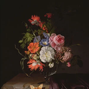 A Still Life of Flowers in a vase on a ledge