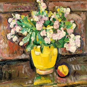 Still life with flowers in a yellow vase (oil on board)