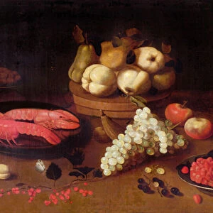 Still life with fruit, crayfish and a squirrel