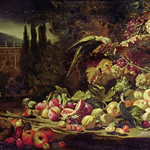 Still life of fruit with a green parrot and a silver vase