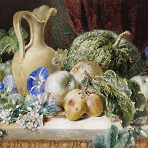A Still Life with a Jug, Apples, Plums, Grapes and Flowers