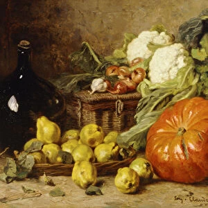 A Still Life with a Wine Flagon, a Basket, Pears, Onions, Cauliflowers, Cabbages