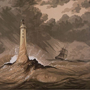Lighthouse warns ships of rocks in storm at sea (colour litho)