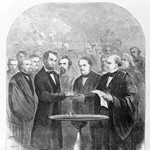 Lincoln taking the oath at his second inauguration, March 4, 1865