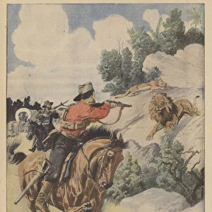 A lion hunt in the Transvaal (colour litho)