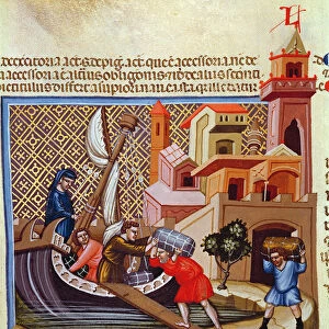 Loading Goods on to a Ship, from the manuscript Justiniano Institutiones Feodorum et Alia, c. 1300 (vellum)