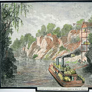 Loading the steamboat with cotton bales from a plantation, c. 1860 (coloured engraving)