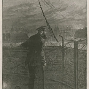 London fires; Lookout at the Central Fire Brigade Station, Southwark Bridge Road (engraving)