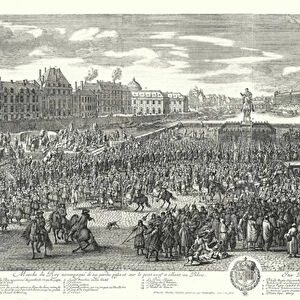 Louis XIV of France and his guard crossing the Pont-Neuf in Paris on their way to the Palais du Louvre (engraving)