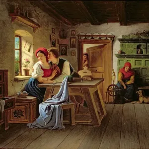 Mid 19th Century Print of Lovers in the Kitchen